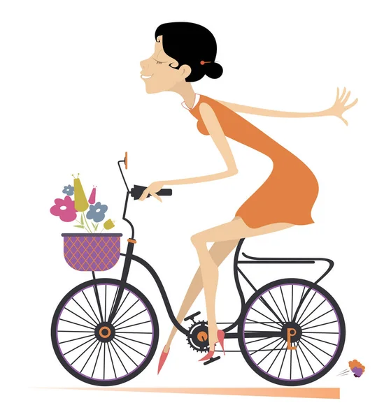 かわいい若い女性は自転車のイラストに乗ります 花を持つ漫画のセクシーな若い女性は 自転車に乗って 白いイラストに孤立して健康で幸せに見えます — ストックベクタ