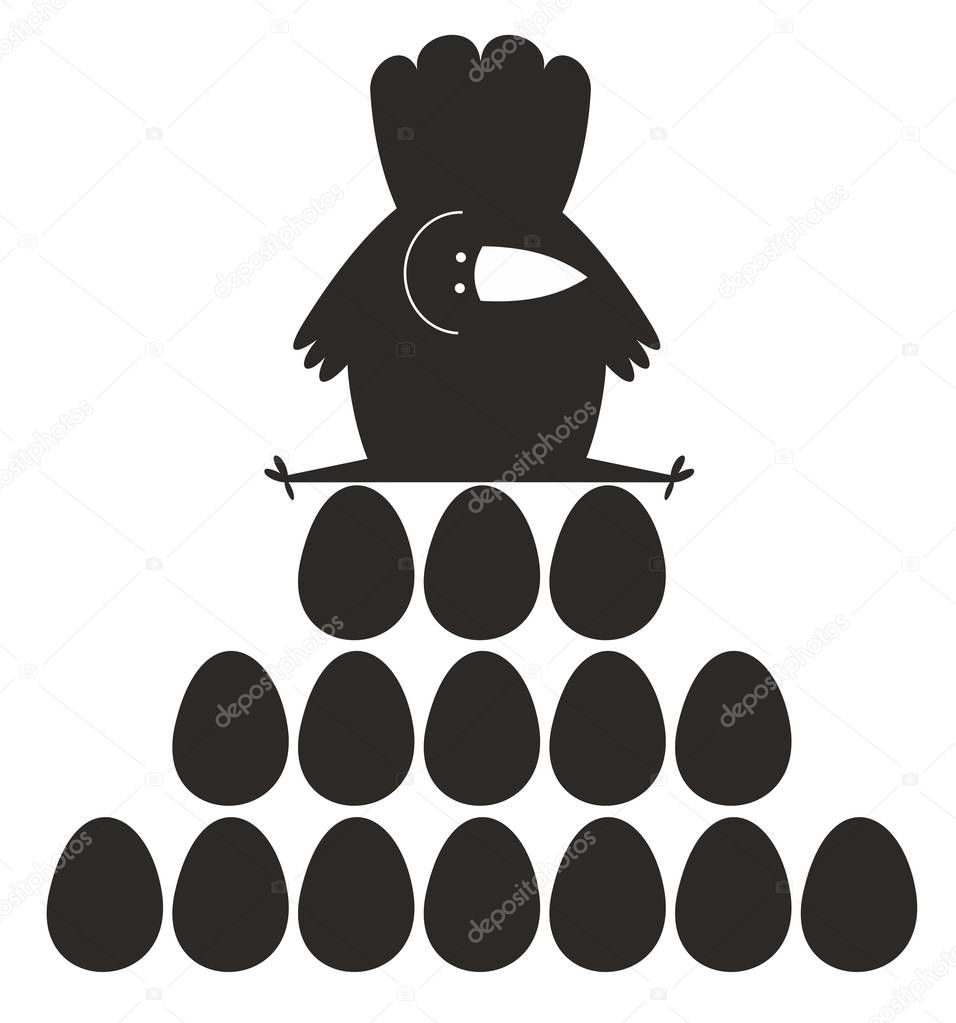 Chicken sits on the eggs illustration. Cartoon chicken sits on the eggs black on white illustration
