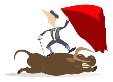 Karikatür boğa güreşçisi bir zafer diğer boğa illüstrasyon kazanır. Matador pelerinli ve kılıçlı karikatür boğa güreşçisi beyaz illüstrasyon üzerine izole edilmiş kesilen boğanın üzerinde duruyor