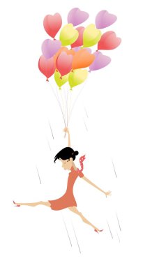 Hava balonları illüstrasyon genç kadın uçuşlar. Renkli hava balonları beyaz izole kalpleri şeklinde tutan çekici genç kadın uçuşlar