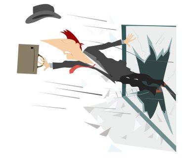 Adam kırık pencere illüstrasyon dışarı uçar. Şapkalı ve çantası olan adam kırık pencereden uçup beyaza batmış. 