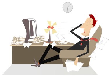 Ofiste illüstrasyon üzgün ve yorgun işadamı. Ofisteki adam masa üstü taraftarın önündeki koltukta oturur ve el ele başını koyar.