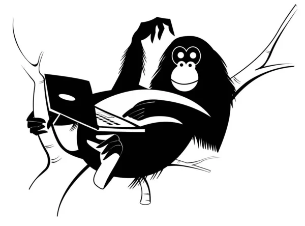 ノートパソコンのイラストを持つ猿 猿は白い上にコンピュータが黒い木の上に横たわっている — ストックベクタ