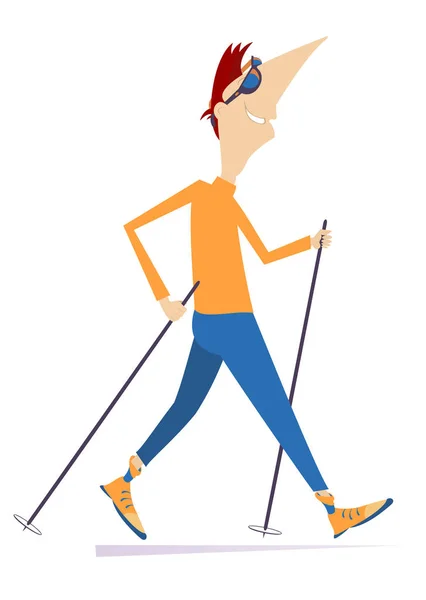 Homme Joyeux Faisant Illustration Marche Nordique Homme Manches Longues Orange — Image vectorielle
