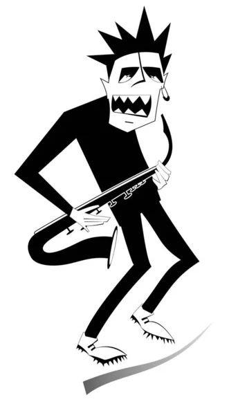 漫画サックス奏者イラスト 表現力豊かなサックス奏者は 白いイラストに黒の大きなインスピレーションを持つ音楽を演奏しています — ストックベクタ