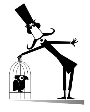 Üst şapka bıyık adam bir kuş izole illüstrasyon ile bir kafes tutar. Üst şapka Karikatür uzun bıyık adam beyaz illüstrasyon üzerinde papağan siyah bir kafes tutar