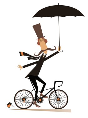Uzun bıyıklı adam bisiklet izole illüstrasyon üzerinde sürmek. Bisiklet şemsiye sürmek ile üst şapka Karikatür uzun bıyık adam ve beyaz illüstrasyon izole sağlıklı ve mutlu görünüyor