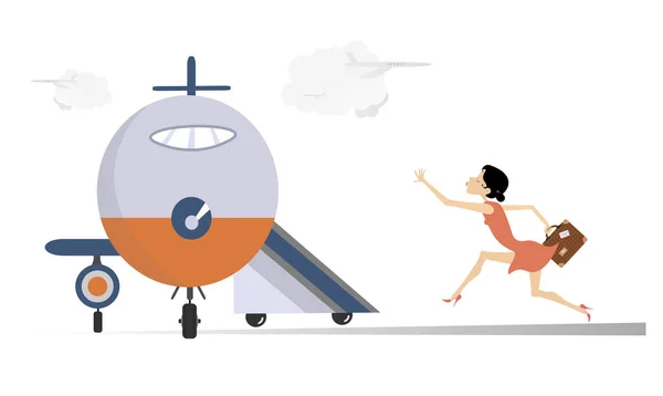 Mujer Joven Ilustración Del Aeropuerto Corriendo Mujer Joven Con Maleta — Vector de stock