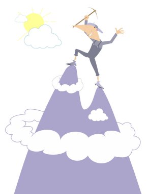 Climber is on the top of the mountain illustration. Happy climber with an ice ax stands on the top of the high mountain isolated on white vector