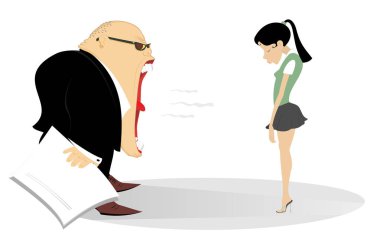Kızgın patron ve çalışan kadın illüstrasyon. Kızgın şef onun korkmuş çalışan kadın illüstrasyon azarladı 