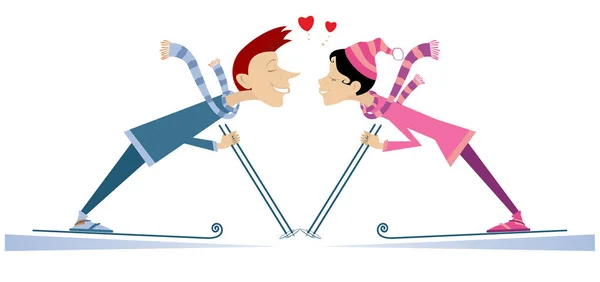 Heart Symbols Kissing Skier Man Skier Woman Illustration Skier Man — Stock Vector