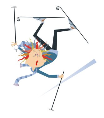 Komik kayakçı kadın çizimleri izole etti. Düşen kayakçı kadın beyaz resimde izole edilmiş.