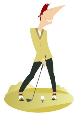 Golf sahası resimde üzerinde gülümseyen golfçü. İyi tekme illüstrasyon yapmak amaçlayan gülümseyen golfçü adam
