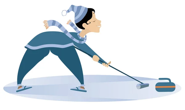 Sorridente Giovane Donna Gioca Curling Illustrazione Isolata Giovane Donna Con — Vettoriale Stock