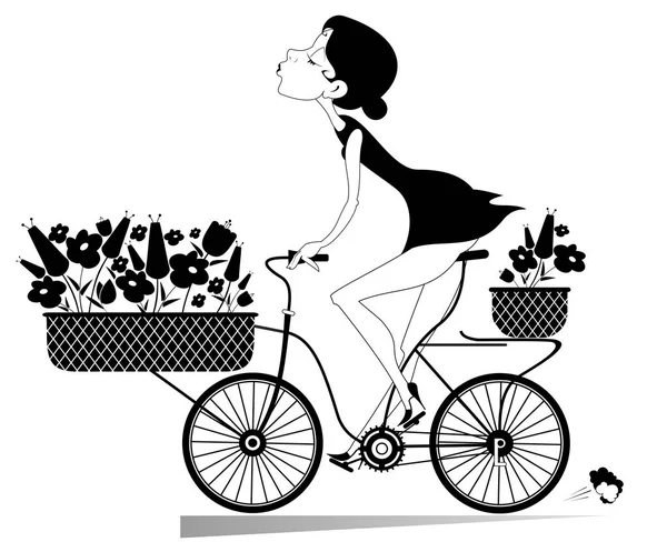 若い女性が自転車のイラストに乗っています 漫画セクシーな若いです女性とともに花自転車に乗って 健康的で幸せな黒の上に白いイラスト — ストックベクタ