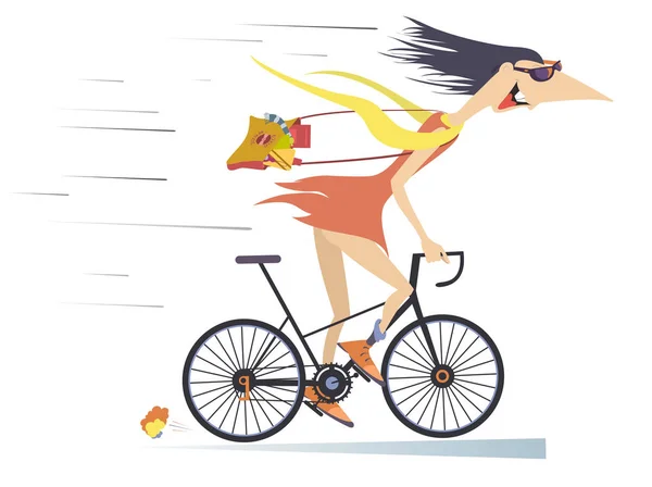Engraçado Jovem Cavalga Rápido Ilustração Bicicleta Sorrindo Desenho Animado Jovem — Vetor de Stock