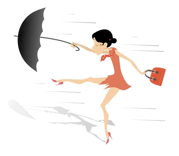 Сильный Ветер Дождь Женщина Зонтичной Иллюстрацией Молодая Женщина Зонтиком Модной — стоковый вектор