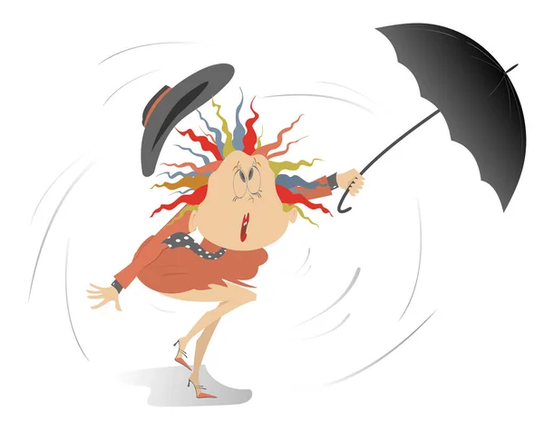 Strong Wind Rain Woman Umbrella Illustration Cartoon Woman Umbrella Wind — Stock Vector