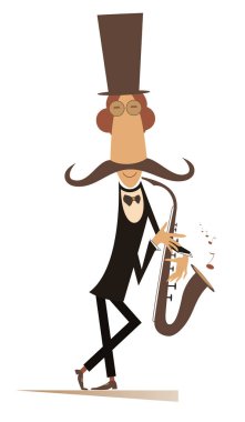 Karikatür uzun bıyık saksafoncu illüstrasyon izole. Üst şapka gülümseyen bıyık adam beyaz izole ilham ile saksafon müzik çalıyor