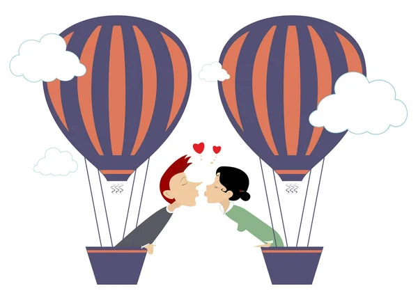 Love Couple Fly Air Balloon Isolated Illustration Heat Symbol Kissing — Stock Vector