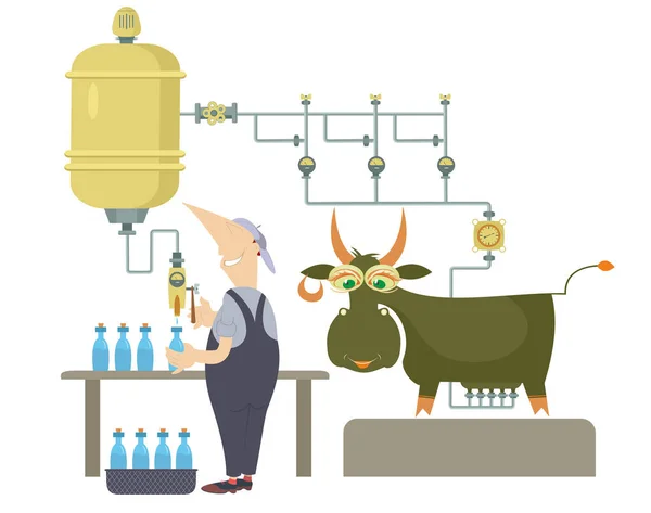 Молочна Ферма Робоча Коров Яча Ілюстрація Мультяшна Комічна Корова Доїться — стоковий вектор