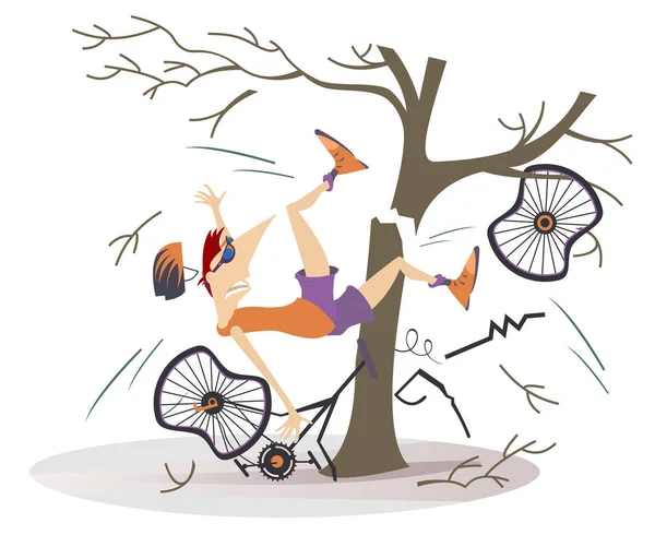 Cyclist smashed into a tree isolated illustration. Cyclist smashed into a tree and falls down from the broken bicycle isolated on white illustration — Stock Illustration Cyclist Smashed Tree Isolated Illustration Cyclist Smashed Tree Falls Broken Vector Graphics