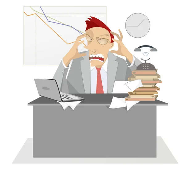 Upset Tired Businessman Office Illustration Upset Man Open Mouth Sits — Stock Vector