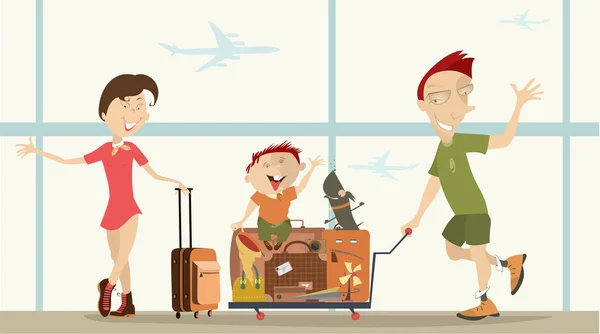 Familia Joven Ilustración Del Aeropuerto Joven Mujer Niño Perro Gran — Vector de stock