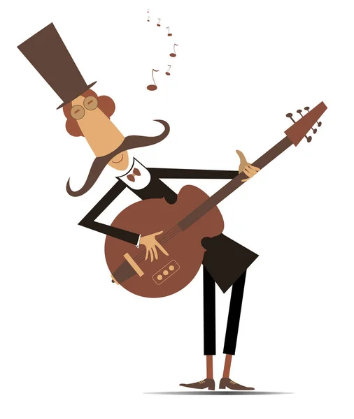 Cartoon Long Mustache Guitarist Playing Music Illustration Isolated Mustache Man — Stock Vector