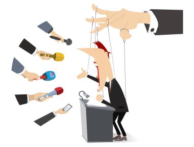 Erkekler raporlarını kukla konsepti çizimleri gibi tellerle kontrol ederler. Gazetecilere bilgi veren siyasetçi ya da iş adamı, beyaza izole edilmiş kukla gibi teller tarafından kontrol ediliyor. 