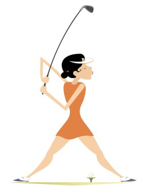 Golf sahasındaki genç golfçü kadın. Golf sahasındaki genç golfçü kadın beyazlar üzerinde iyi bir vuruş yapmaya çalışıyor.