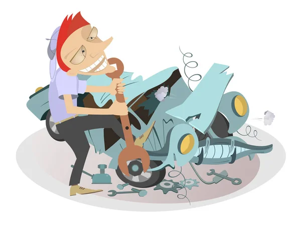 Cartoon Mecânico Repara Uma Ilustração Carro Mecânico Desenhos Animados Com — Vetor de Stock