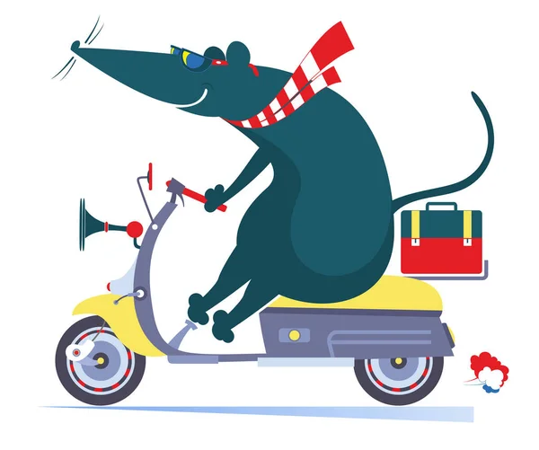 スクーターのイラスト上の面白いラットやマウスの乗り物 白い上に隔離されたスクーターに漫画のラットやマウスの乗り物 — ストックベクタ