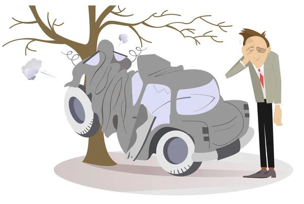 Driver, car and road accident illustration. Upset man stands near the car which crashed into the tree — Stock Illustration Driver Car Road Accident Illustration Upset Man Stands Car Which Royalty Free Stock Illustrations