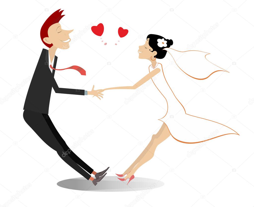 Heterosexual married wedding couple holds hands illustration. Heart signs and holding hands romantic man and woman in the white dress and bridal fall in love isolated on white