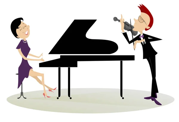 Couple Musicians Play Music Violin Piano Illustration Duet Violinist Man — Stock Vector