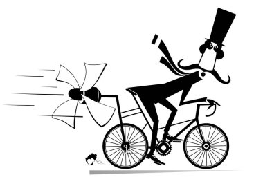 Silindir şapkalı uzun bıyıklı adam bisiklet illüstrasyonuna biniyor. Çizgi filmdeki bıyıklı adam, silindir şapkalı adam bisiklete biner ve beyaz üzerine siyah pervane kullanarak daha hızlı sürmeye çalışır.