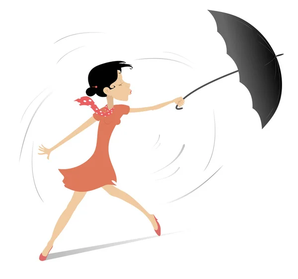 Windy Rainy Day Woman Umbrella Illustration Pretty Young Woman Holds — Stock Vector