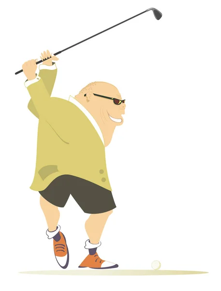 ゴルフコースのイラストの漫画のゴルファーの男 漫画笑顔脂肪はげ頭男でサングラスを目指していますA良いキック絶縁上の白 — ストックベクタ