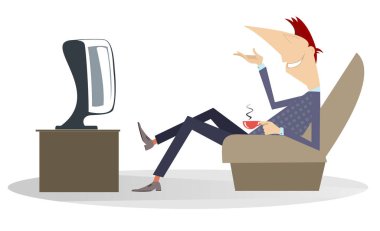 Gülümseyen genç adam TV illüstrasyonu izliyor. Adam bir fincan kahve ya da çayla koltukta oturur ve beyazlar içinde televizyon izler.