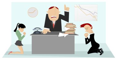 Kızgın patron personel illüstrasyonunu azarlıyor. Kızgın şef diz çökmüş kadın ve erkeği azarladı. 