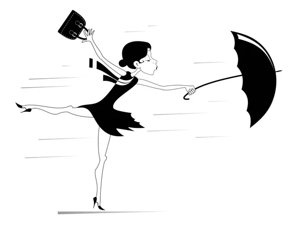 多风的天气 年轻的女人和伞孤立的插图 一个年轻漂亮的女人 提着手提包和一把雨伞 被风吹得乌黑的 白色的 — 图库矢量图片