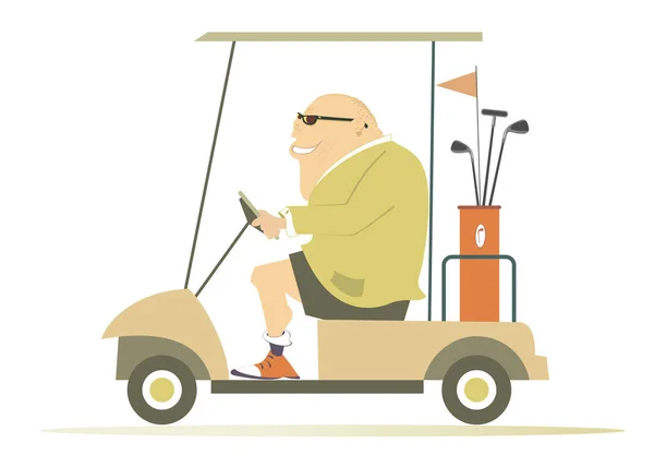 Comic golfer man in the golf cart illustration. Cartoon smiling fat bald-headed  man in sunglasses is going to play golf in the golf cart isolated on white  - Stock Image - Everypixel