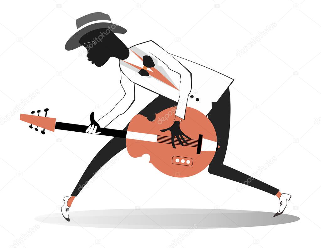 Afro-American guitarist illustration. Afro-American musician is playing guitar with inspiration isolated on white
