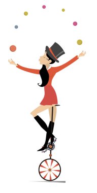 Equilibrist woman on the unicycle juggles balls illustration. Sexy young woman in the top hat balances on the unicycle and juggles the balls isolated on white clipart