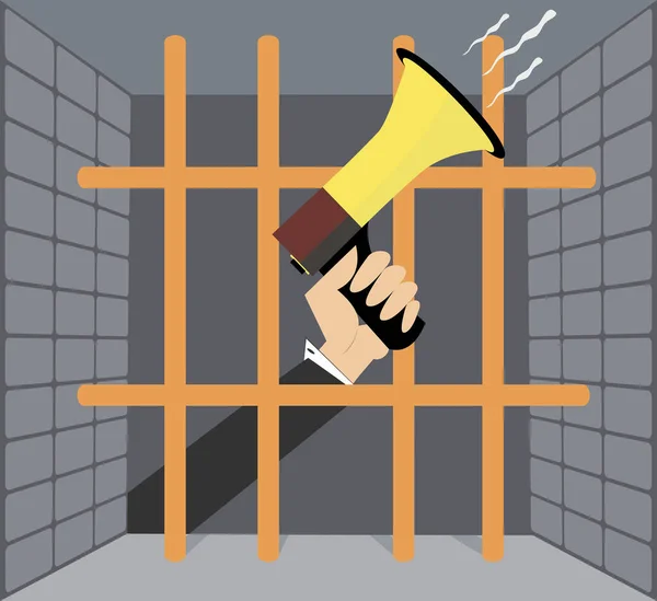 Ruka Megafonem Mřížemi Ilustrace Ruka Megafonem Mřížemi Vězení — Stockový vektor