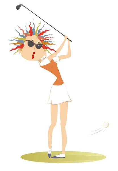 Jonge Golfer Vrouw Golfbaan Illustratie Cartoon Golfer Vrouw Zonnebril Gericht — Stockvector