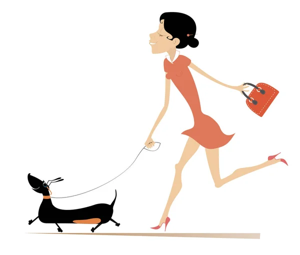 Une Femme Souriante Marche Avec Une Illustration Chien Jolie Jeune — Image vectorielle