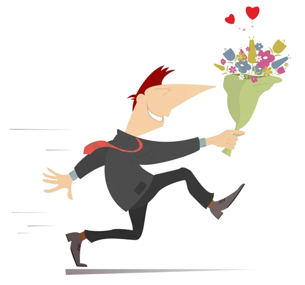 Leende Springande Man Med Massa Blommor Isolerad Illustration Lycklig Man — Stock vektor