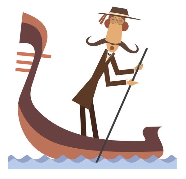 Funny Gondolier Illustration Funny Gondolier Long Mustaches Rides Gondola Isolated — Stock Vector